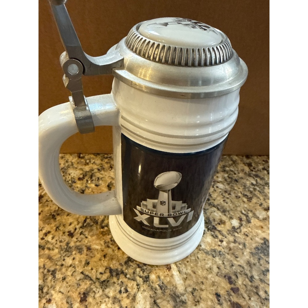 NFL Super Bowl‎ XLVI 2012 Indianapolis Ceramic Beer Stein Lidded Tankard Mug 8"